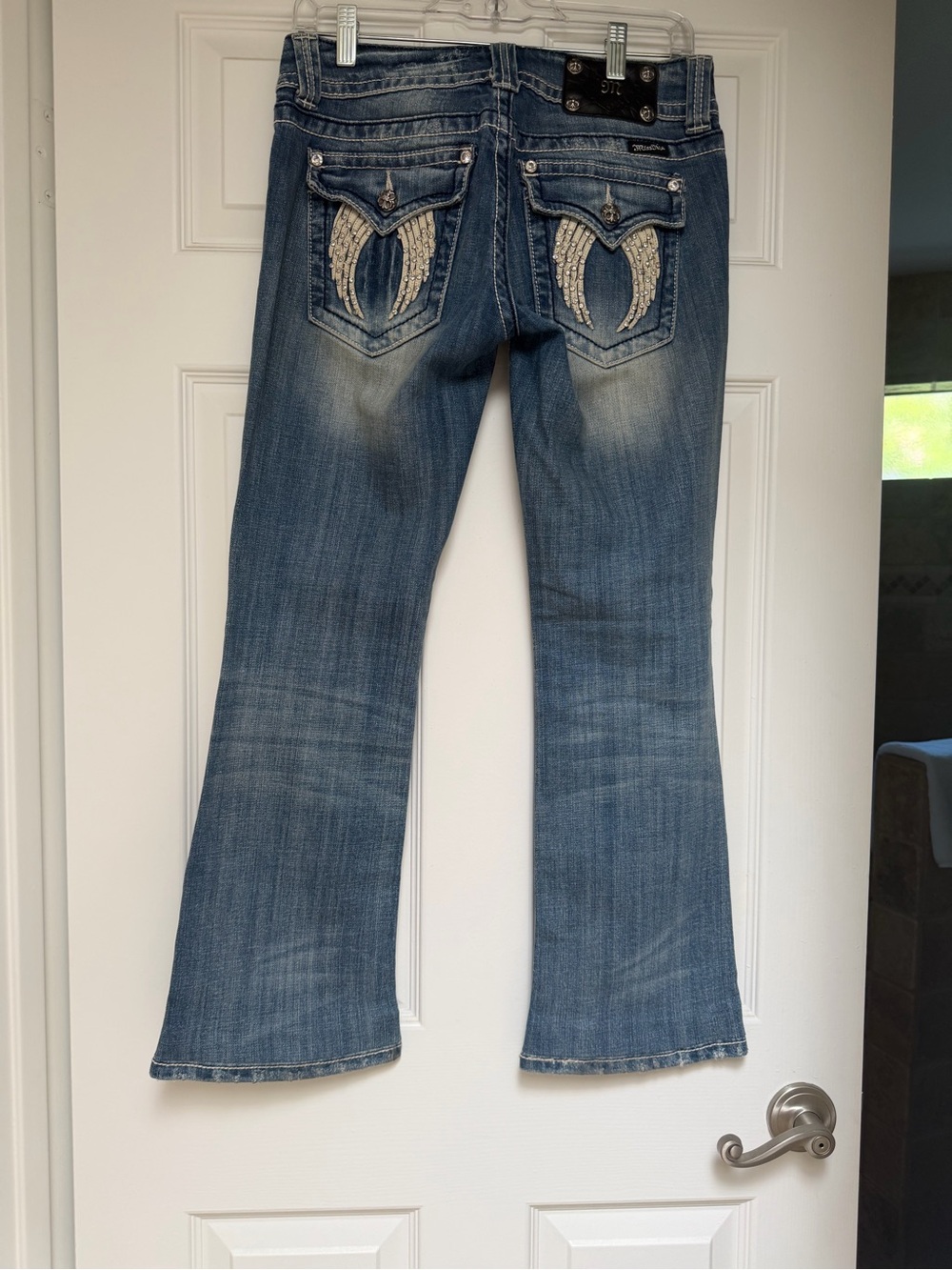 Miss Me Blue Washed Flare Jeans with Distressed Detailing